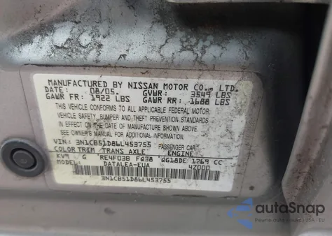 2006 Nissan Sentra 1.8S z USA, uszkodzony, nr VIN 3N1CB51D86L453755